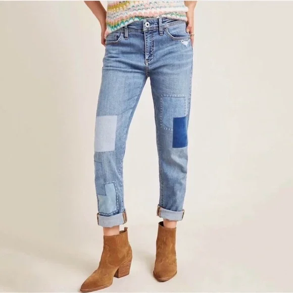 Pilcro Anthropologie Patchwork Jeans Size 27 Slim Boyfriend Light Wash Boho - Picture 1 of 12